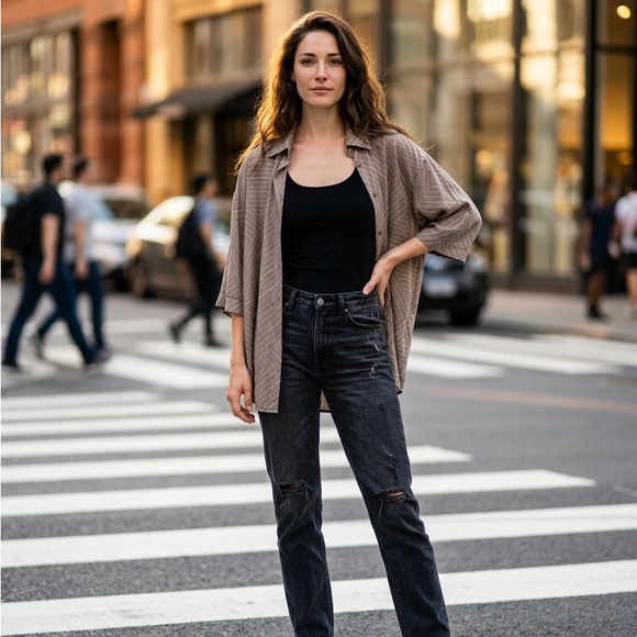 Made in Italy Via Bovio Geometric Blouse Viscose Oversized Shirt Neutral Taupe - Picture 8 of 8